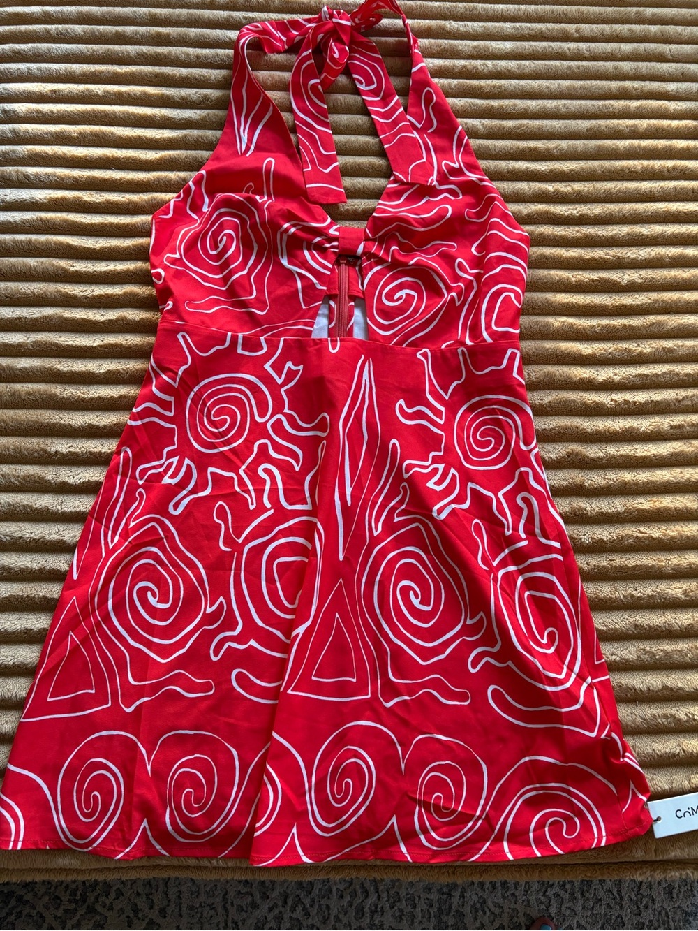Commense Red Halter Sundress with White Swirl Print